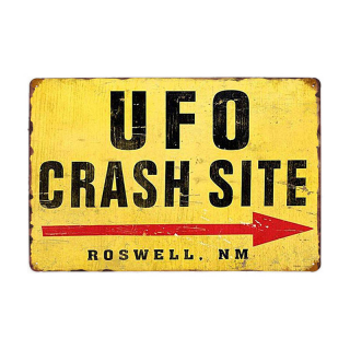 plechová cedule UFO Crash Site - Roswell, NM žlutá